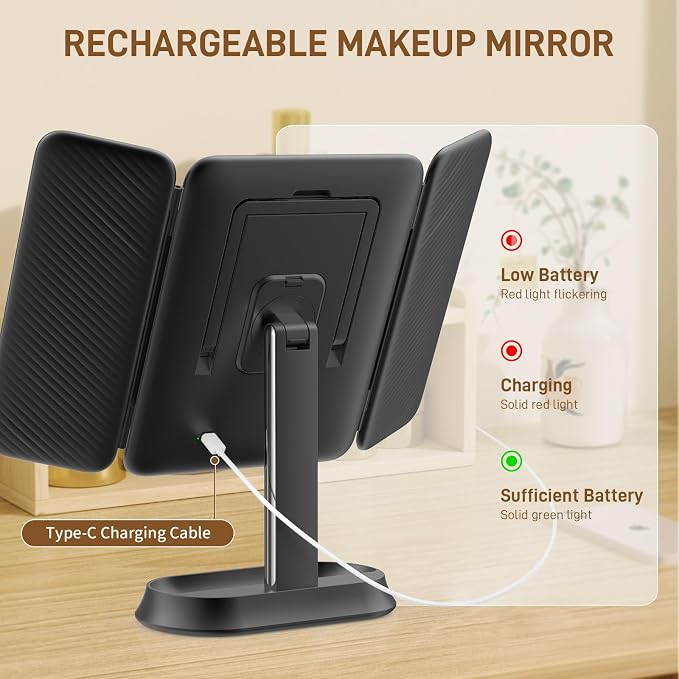 Rechargeable Lighted Makeup Mirror with 1X/3X/5X Magnification, Professional 3-Color LED Trifold Vanity Mirror, Smart Memory, Type-C Charging, Portable Beauty Mirror for Travel, Idea Gifts - Black