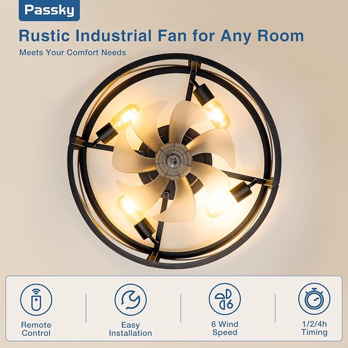 Passky 20" Caged Ceiling Fans with Lights and Remote, Low Profile Fandelier | Reversible DC Motor, 1/2/4H Timer, 6 Speeds, Farmhouse Style, Quiet Operation, for Bedroom, Kitchen, Dining Room, Living Room