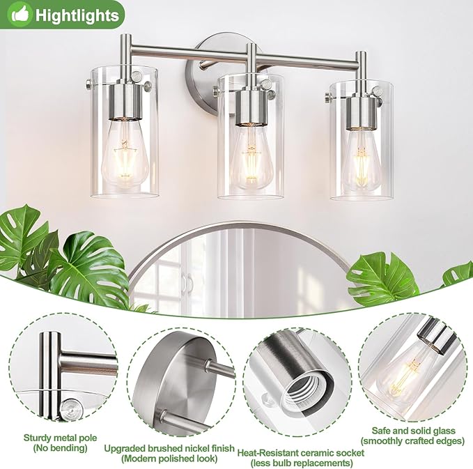 3-Light Brushed Nickel Bathroom Vanity Light Fixtures, Clear Glass Shade Wall Sconces for Mirror, Bedroom, Living Room, Hallway