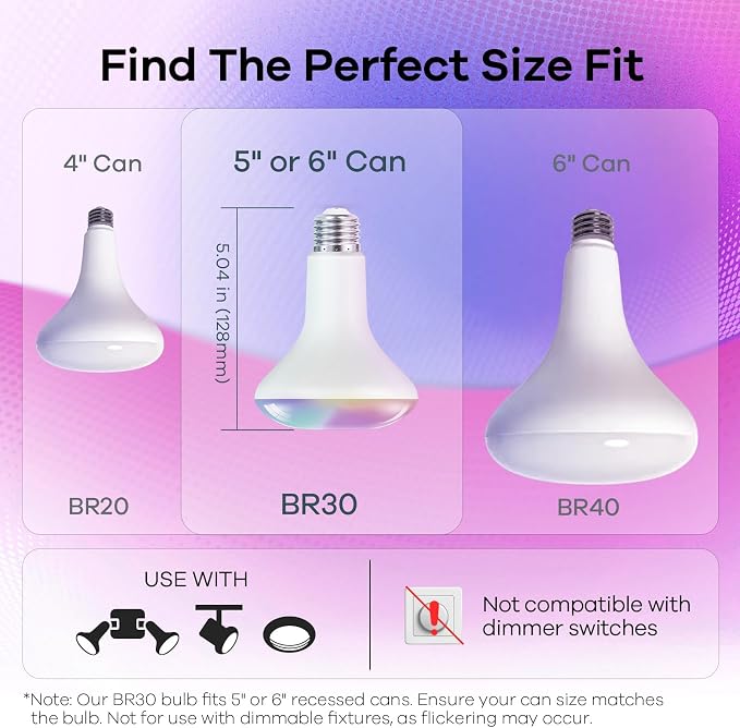 OREiN Matter BR30 Smart Light Bulbs, 60W 650lm RGBTW Color Changing, 4 Pack | LED Light Bulb Compatible with Alexa, Apple Home, Google Home, SmartThings, 2.4Ghz WiFi only Smart Bulbs, E26 Base