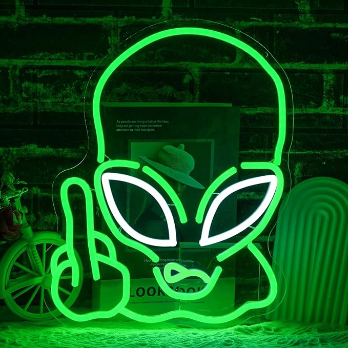 Alien Neon Sign for Wall Decor, USB Powered Green Game Room Neon Light, Green Alien LED Light Up Sign for Kids Birthday New Year Man Cave Teen Party Game Room Decoration