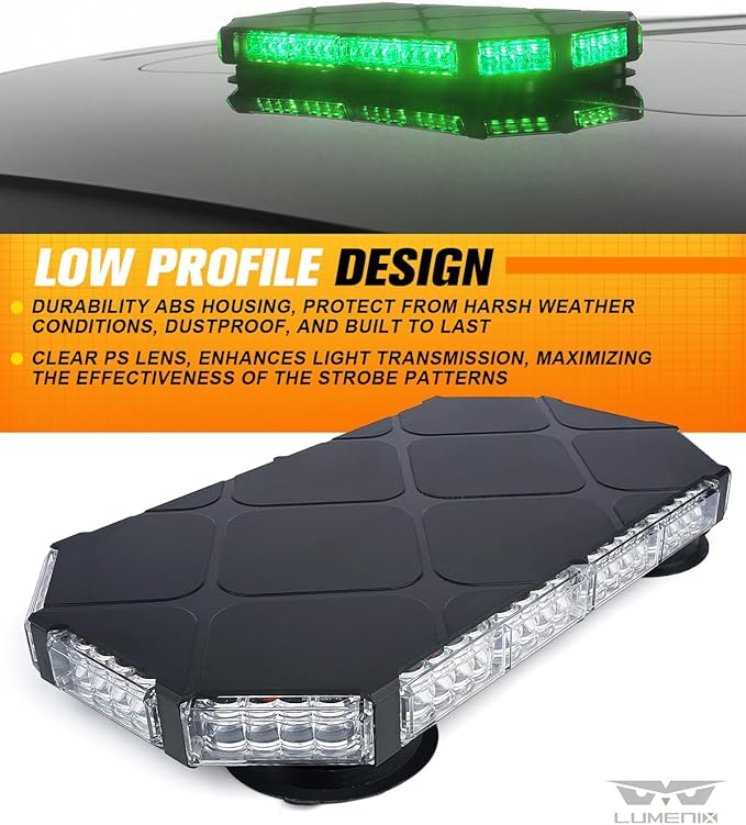 LUMENIX 56 LED Roof Top Strobe Beacon Lights Bar Rooftop Hazard Warning Safety Flashing Light for Fire EMS Emergency Management Command Vehicles Volunteer Security Patrol Cars - Green