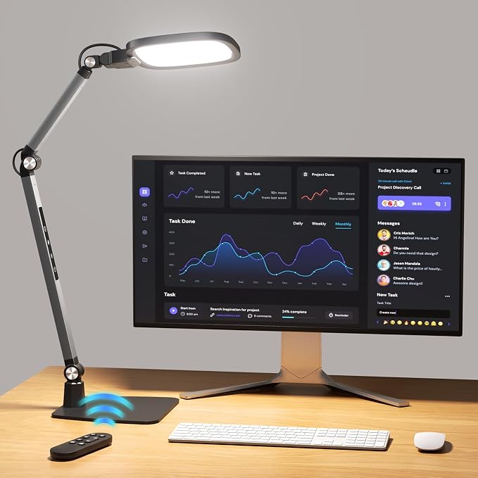 Led Desk Lamp for Office Home Video Reading Swing Arm Task Light | 1200lm Eye-Caring Desk Light for Computer Monitor, Dimmable 5 Color & 5 Brightness, Timer & Memory, Touch & Remote