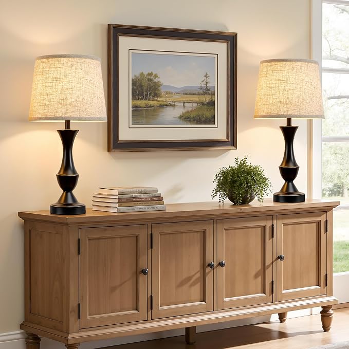 Luvkczc Table Lamp Set of 2, 19" Farmhouse Vintage Bedside Lamps for Living Room & Bedroom, Linen Shade Desk Lamps for Nightstand, Office, Study(Bulb not Included)