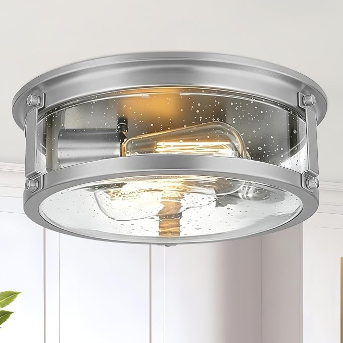 2-Light Brushed Nickel Flush Mount Ceiling Light Fixtures | Seeded Glass, 12 inch Minimalist Close to Ceiling Lighting, For Hallway, Kitchen, Entryway, Bedroom