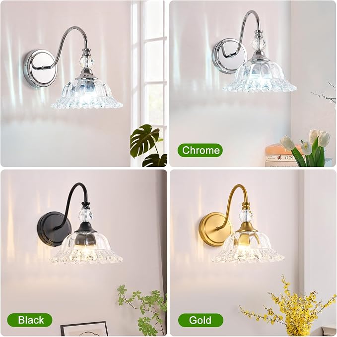 Bathroom Vanity Light Fixtures Single-Head Wall Sconces Lighting with Floral Crystal Glass Shade Chrome Wall Lights for Bathroom,Bedroom,Hallway,Bedside(Bulbs Not Included)