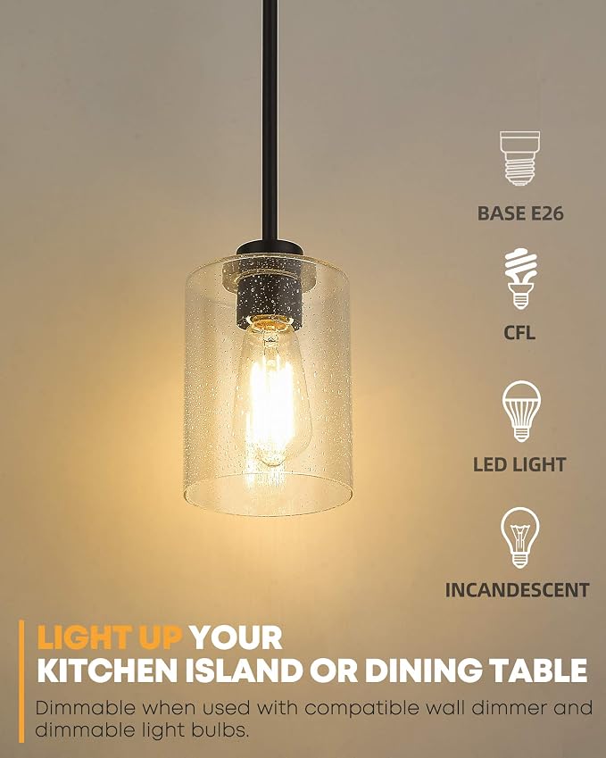 Beionxii Pendant Lights Kitchen Island, Farmhouse Pendant Light, 2 Pack | 4.7" Seeded Glass Pendant Light Fixture, Dark Bronze Finish, Hanging Light Fixtures for Kitchen Island Dining Room,9002-1H-2P