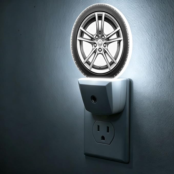 Night Lights Plug into Wall Wheel Night Light Energy Saving LED | Car Wheel Black Tyre Cool Plug in Night Lights for Wall Socket with Dusk-to-Dawn Sensor for Bedroom, Bathroom and Living Room