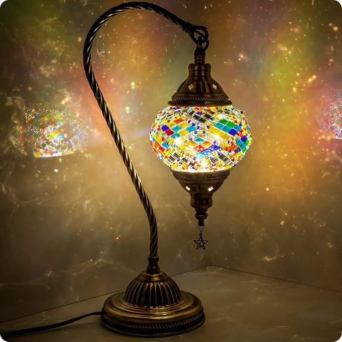 Yarra-Decor Turkish Moroccan Lamp with Bronze Base 3 Color Options Handmade Swan Neck Mosaic Glass Bedside Lamps for Bedroom (LED Bulb Included)(Colorful1)