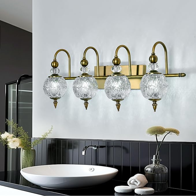 Piepooye Vintage Bathroom Light Fixtures Gold Vanity Light with Glass Globe LampShade 4 Lights Brushed Brass G9 Bulb Wall Sconce Antique Indoor Vanity Light Over Mirror for Kitchen Bedroom Living Room