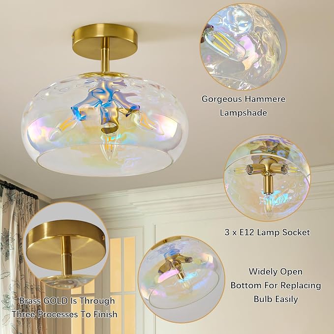 Vintage Semi Flush Mount Ceiling Light ,12″ Art Deco Rainbow Hammered Glass | Gold,Mid Century,Whimsical,MCM,Unique Cute Retro Light Fixtures for Girls Bedroom,Entryway Laundry Room Kitchen Closet Foyer