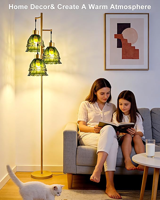 Lightdot 3-Lights Green Glass Floor Lamp Dimmable Gold Floor Lamp with Glass Shade 3000K Bulbs Included Unique Modern Standing Tall Lamp with 5Lbs Heavy Base for Living Room/Bedroom/Sofa Beside