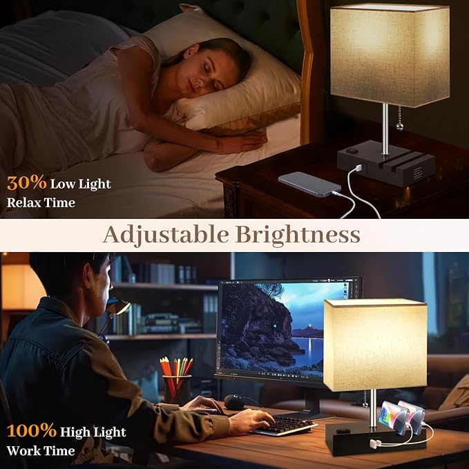 Smart RGB Dimmable Table Lamp Work with Alexa&APP&Remote Control, Beige | Bedside Desk Lamp with Charging Ports&Outlet&Phone Stand, Music Sync Nightstand Lamp for Bedroom Living Room Office Dorm