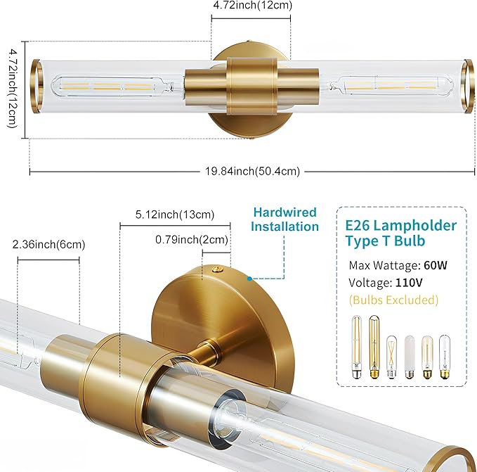 Gold Wall Sconce 2 Pack Hardwired, Bathroom Light Fixtures Clear Glass Featuring Two E26 sockets, Vanity Lights Fixtures for Bathroom, Dimmable - Bulb Not Included, UL Certification