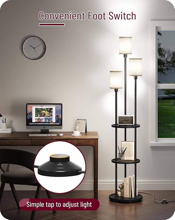 Floor Lamp with Shelves, 3-Light Floor Lamps for Living Room, Modern Standing Lamp with Linen Shades and Foot Switch, 66.1'' Tall Corner Lamp for Bedroom, Office, E26 Base, Black and Beige