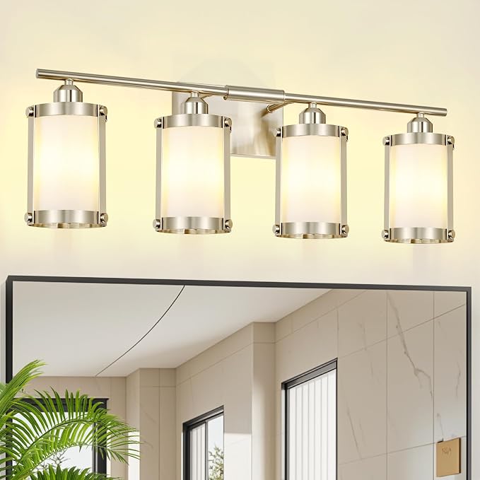 4-Light Brushed Nickel Bathroom Light Fixtures with Milk White Frosted Glass, 29" UL-Listed Modern Wall Sconce Over Mirror with Metal Cage for Bath, Hardwire E26, OS-3014BNW-4W