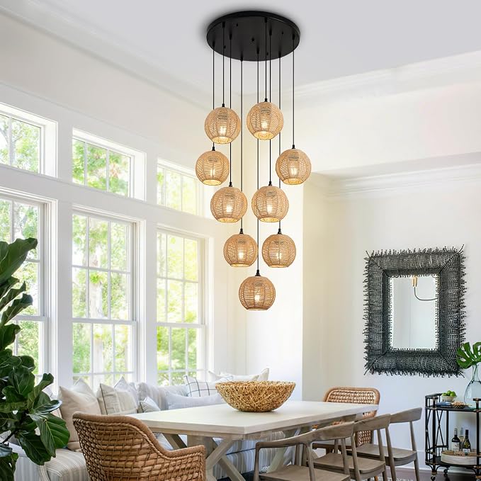 Round 9 Light Boho Pendant Light Rattan Hanging Lamp | Hand Woven Wicker Small Chandelier Hanging Lights Fixture for Bedroom Kitchen Hallway Foyer