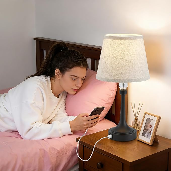 Touch Table Lamp with USB C+A Ports-Black 19.7'' 1pcs | 3 Way Dimmable Table Lamps for Living Room, Metal Small Lamp for Bedroom, Office, End Table, Home Decor, Bulb Included