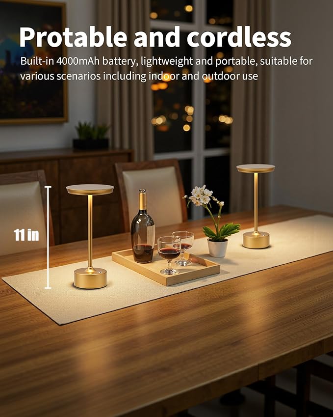 PUSU Rechargeable Table Lamps Set of 2, Gold Cordless Portable Desk Lamp | 4000mAh Battery, Stepless Dimming & 3 Color 2700K-6000K, LED Lamp for Bedroom, Living Room, Restaurant, Outdoor, Night Light
