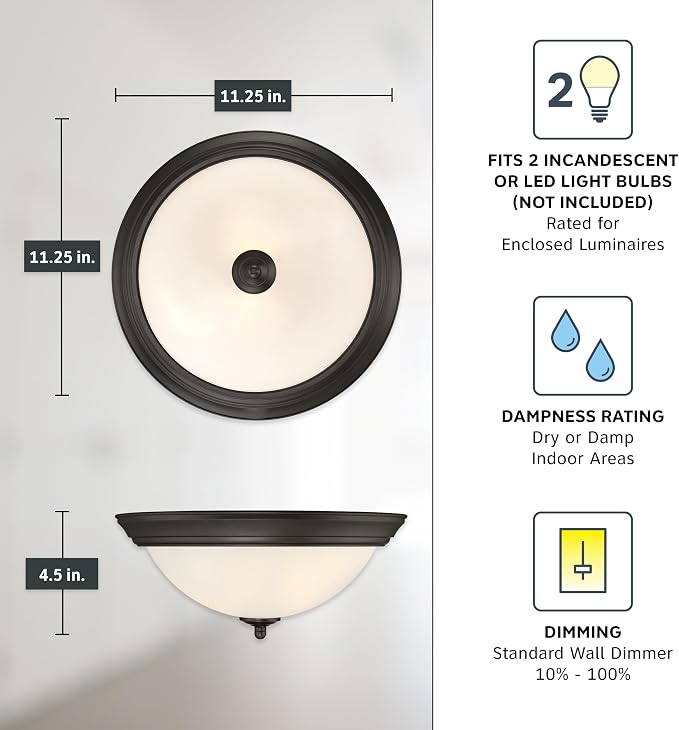 Designers Fountain Flush Mount Ceiling Light, 11 Inch Frosted Glass Lighting Fixture for Kitchen, Bedroom, Bathroom, and Hallway, LED Bulbs not Included, Oil Rubbed Bronze