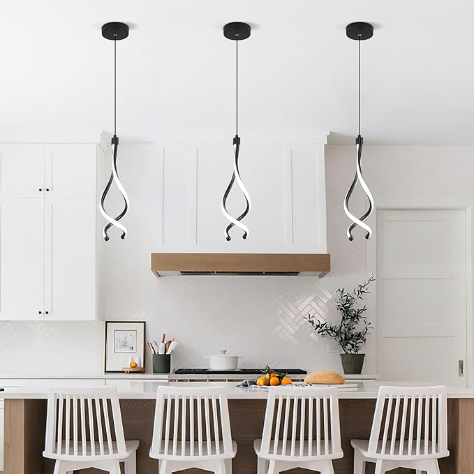 Spiral Led Pendant Lights 14W White 6000K Modern LED Pendant Light Fixture for Kitchen Island Stylish Black Chandelier for Kitchen Dining Room Bedroom Living Room Corridor Stairs