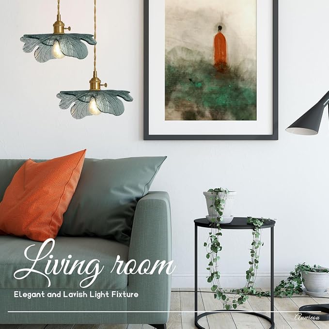 Gold Pendant Light Set of 2, Modern Hanging Ceiling Fixture with Dark Green Hand Blown Flower Glass Shade for Kitchen Island Dining Room Bedroom