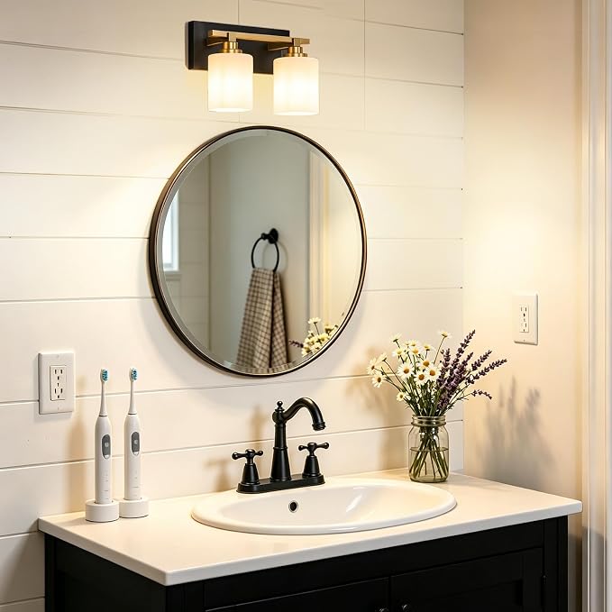 Black and Gold Bathroom Light Fixture, Modern 2 Light Vanity Lights for Bathroom Lighting Fixtures Over Mirror, White Glass Lampshade, Master & Guest bathrooms Bathroom Remodel, 14-inch