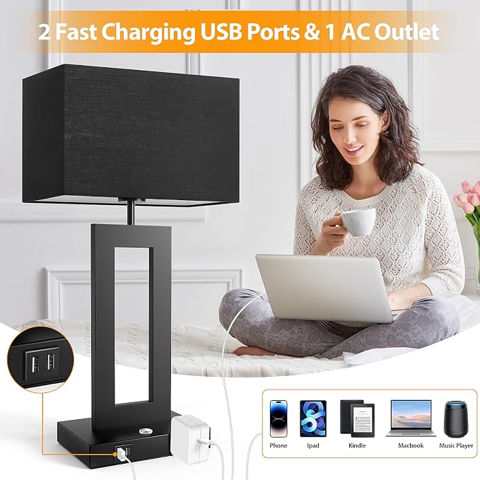 3 Color Temperatures Black Table Lamps for Bedrooms Set of 2, 22’’ Touch Control Bedside Nightstand Lamps with 2 USB Ports & AC Outlet, Modern Lamp Sets for Living Room, Stepless Dimming, Black Shade