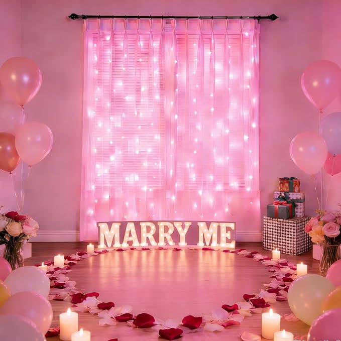 300 LED Fairy Curtain Lights, 9.8 x 9.8FT Pink USB Plug in 8 Modes Hanging Lights with Remote for Christmas, Bedroom, Indoor, Outdoor, Weddings, Party (Pink)