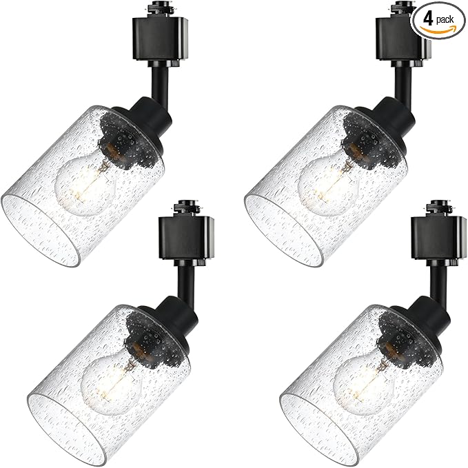 4 Pack H Track Lighting Replacement Heads Black Ceiling Track Lighting Fixtures with Seeded Glass, H Type Tracking Light Heads Multi-Directional Rotating Spotlight Kitchen Island Accent Lights