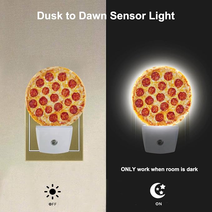 EKOBLA Pizza Night Light, Cheese and Sausage Food Pattern Night Lights Plug Into Wall with Auto Sensor for Teens Room and Novelty Gift