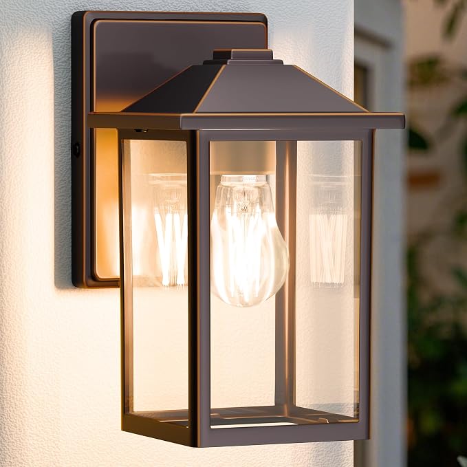 Outdoor Wall Light Fixture, Exterior Waterproof Porch Lighting | Large Oil Rubbed Bronze Patio Wall Lantern, Anti-Rust, Clear Glass, E26 Socket, Wall Mount Sconce Lighting, Front Door Light