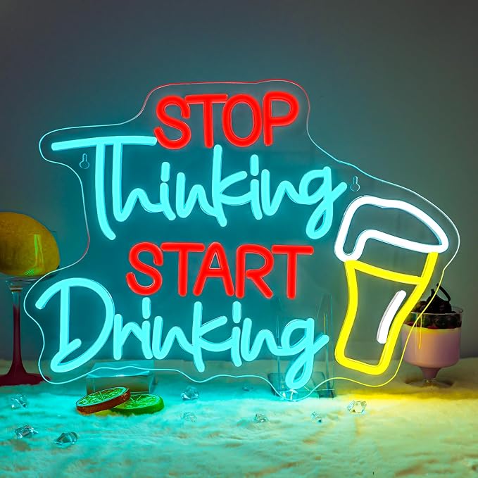 Stop Thinking Start Drink Beer Neon Sign Fun LED Bar Wall Decor Neon Lights for Pubs, Light Up Sign for Home Bar Man Caves Party Club Restaurant & Basements