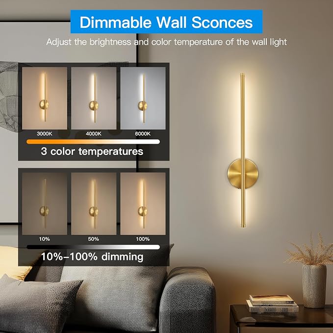 TBattery Operated Wall Sconces Set of Two, Wireless Wall Sconces 24 Inch | Rechargeable, Remote Control, Dimmable, 360°Rotate, Cordless Wall Light Decor for Living Room, Hallway, Timing, Gold