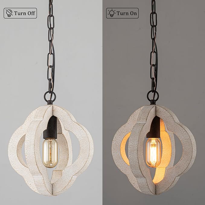 10" Small Farmhouse White Wood Pendant Light for Kitchen Island Over Sink | Distressed White Oak, Rustic Country Style, Rust-Brown Finish, Orb Shape, E26 1-Light, Ajustable Height