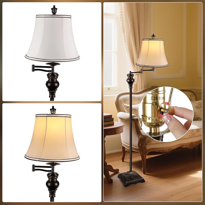 Vintage Floor Lamps for Living Room,Traditional 350° Adjustable Swing Arm Farmhouse Floor Lamp for Bedroom, Rustic Standing Lamp Pole Lamps for Reading, Home Décor and Office, Brown