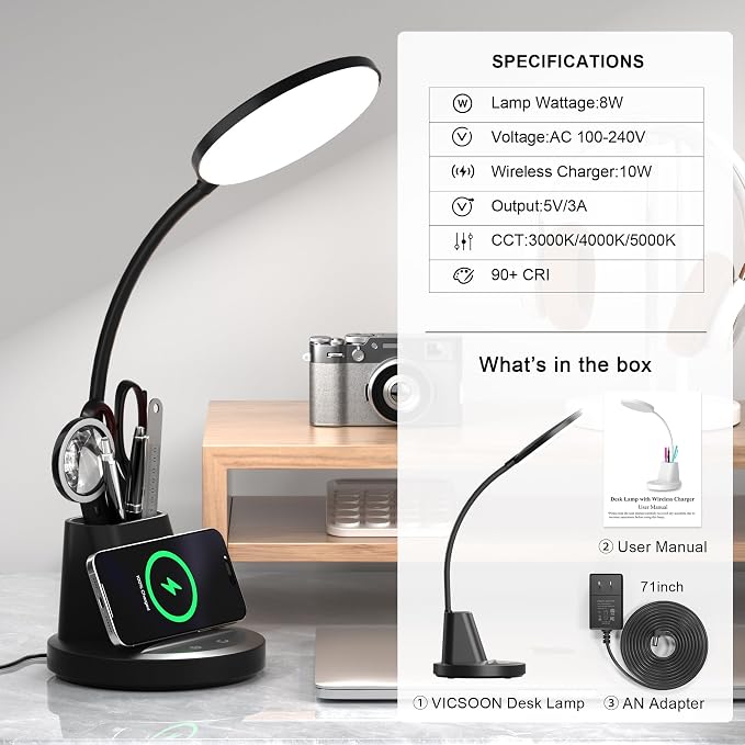 LED Desk Lamp with Wireless Charger for Home Office, Black | 3 Color Modes Dimmable Eye-Caring Study Desk Light for College Dorm Room, 360° Flexible Arm, Built-in Pen Holder, 800 Lumen