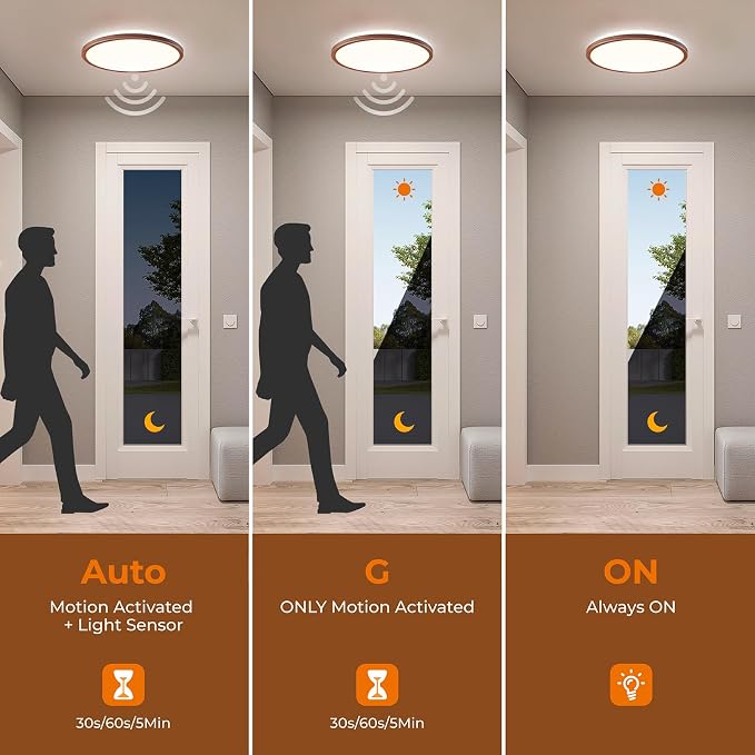 Matane Motion Sensor LED Ceiling Light with Remote, 12 Inch Wired Flush Mount Light 3000K 4000K 5000K, 2400LM Dimmable Motion Sensor Light Indoor for Closet Hallway Laundry Stairs Walnut