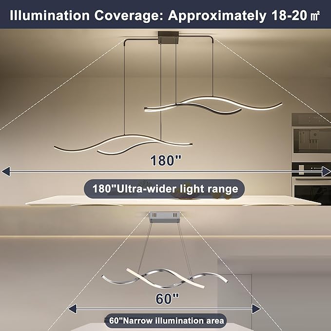 Mayful LED Chandelier, Modern Chandelier with Remote Control, Dimmable 3000K-6000K Adjustable Temperature, Height Adjustable Kitchen Island Pendant Light for Dining Room, Living Room Black 64.2 inches