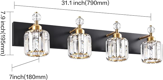 PRESDE 4-Light Crystal Bathroom Vanity Light, Modern Black and Gold Bathroom Lights Fixtures Over Mirror Modern Bath Wall Sconce