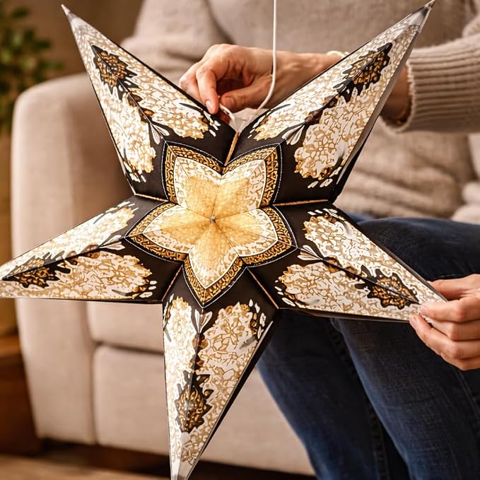 Lantern Lampshade Paper Star Light Shades Large 60cm Hanging Decorations for Christmas Wedding Home Decoration Birthday Party Foldable 5 Pointed Star (Glitter Black, Golden, Brown)