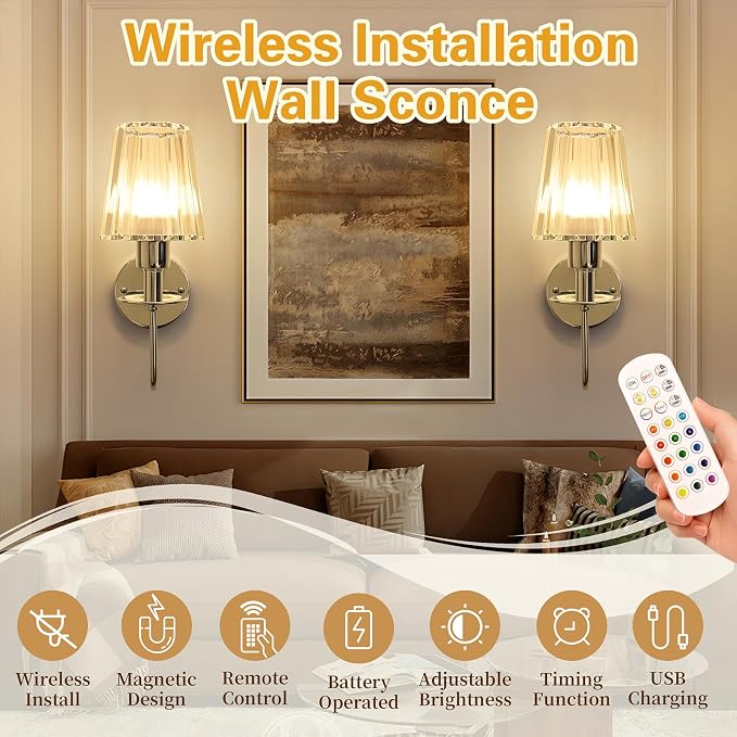 Battery Operated Wall Sconces Set of 2, Sliver Crystal Wall Lights | 5200mAh rechargeable wall lights with magnetic bulbs, remote control, 15 colors, 10-level dimming and timer for bedrooms