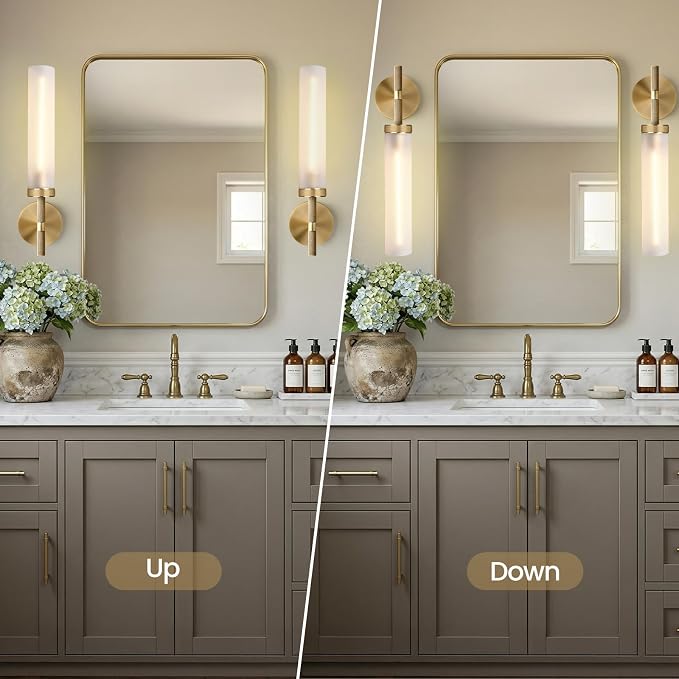 20'' Knurled Brass Bathroom Wall Sconces Set of 2,Premium Frosted Glass Tube Hardwired Vanity Lights, Modern Handmade Wall Lighting for Mirror, Bedroom, Hallway &Living Room,Staircases