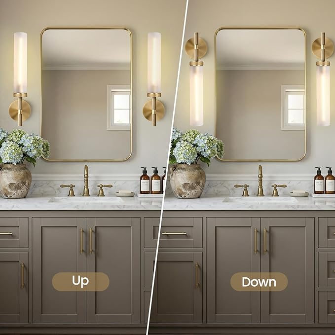 20" Knurled Brass Bathroom Wall Sconces,Frosted Glass Tube Brass Sconces Wall Lighting,Handmade Modern Hardwired Wall Sconce for Vanity,Mirror,Bedroom,Living Room,Hallway