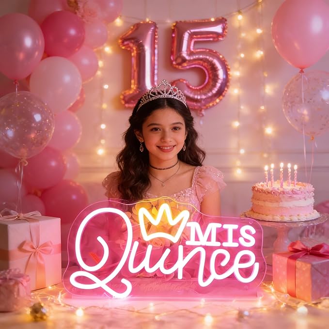 Mis Quince Neon Sign for Wall Decor, Dimmable LED Sign Neon Lights for Bedroom Quinceanera Christmas Birthday Party Room Decoration Gift for Girl Kid lover 15.7 * 9 Inch