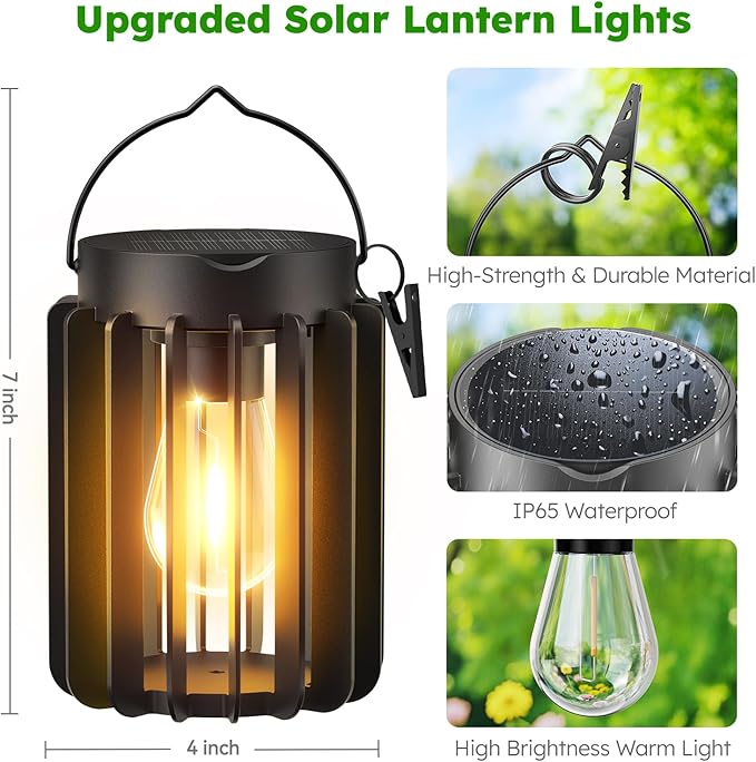 4 Pack Solar Lanterns Outdoor Waterproof, Retro Metal Hanging Lantern | 12-Hr Runtime Outdoor Solar Lantern, Auto On At Dusk, High Bright Hanging Solar Lights for Garden Porch Patio Decor, Black