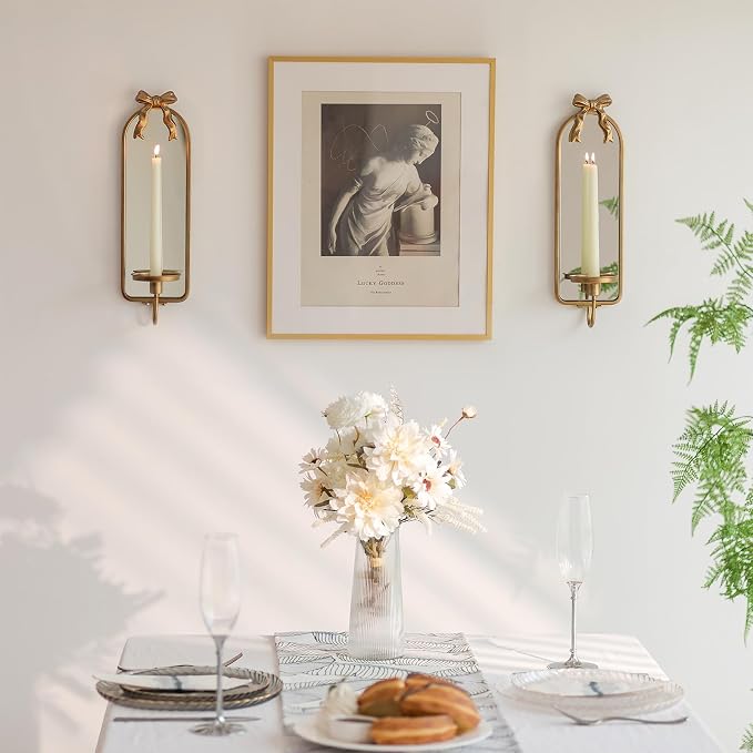 Gold Mirrored Candle Sconces Set of 2 with Arch Metal Frame | Wall Candle Holder, with Detachable Bow, Vintage French, for Pillars or Taper Candles, Beside Fireplace TV