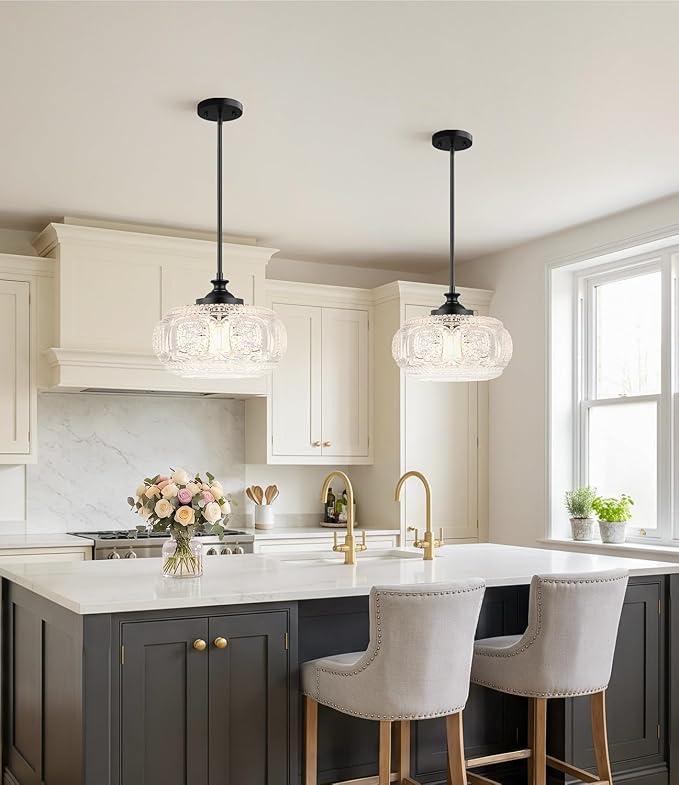 Semi Flush Mount Ceiling Light, Pendant Lights Kitchen Island | 12" Large Glass Shade, Modern Pendant Light Adjustable Hanging Light for Kitchen Island Dining Room Bedroom Hallway Bathroom