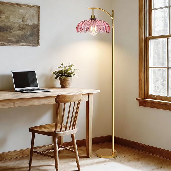 QIYIZM Pink Floor Lamp for Living Room,Bedroom,Gold Dimmable Standing Lamp with Remote,Mid Century Modern Brass Tall Lamp Boho Floor Lamps Arc Stained Glass Flower Floor Light Lamp Girls kids Bohemian