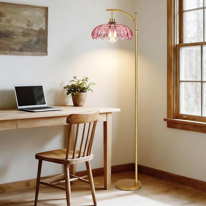 ILLMTW Floor Lamp for Living Room,Bedroom,Gold Dimmable Standing Lamp with Remote,Mid Century Modern Brass Tall Lamp Retro Vintage Pink Glass Lamp Floor Light Boho Bohemian